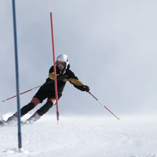 Ein Skifahrer während eines Slalomlaufs